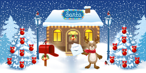 Christmas card with fawn deer with Santa letter wishlist and red mailbox  and Santa's workshop against winter forest background.