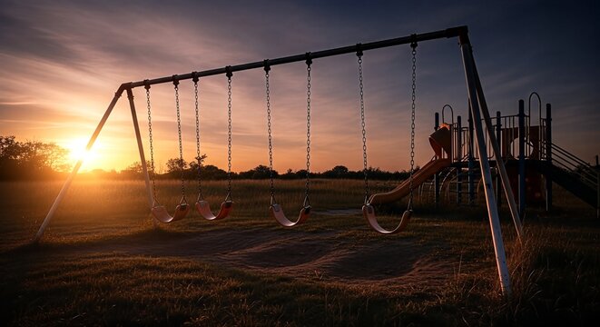 Empty swing set at sunset in public park