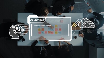 A diverse team engages in an interactive AI chatbot development session, showcasing collaboration, innovative ideas, and digital brainstorming in a professional setting. Raster