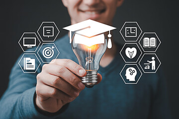 Ideas and innovation in education concept man holding lightbulb with graduation cap and education icons
