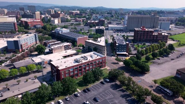 Rising Aerial Shot Of City Streets In A Neighborhood Of Chattanooga In Tennessee, USA.