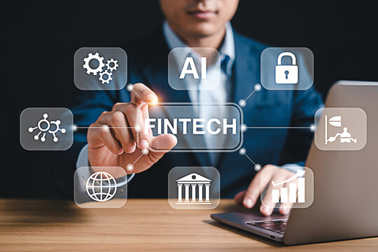 Fintech solutions and innovation concept with ai technology and financial services growth strategy