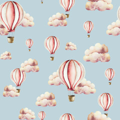 Air Balloons with basket and Summer air clouds seamless pattern. Watercolor hand drawn nursery clipart isolated on background. Cute illustration. Baby shower design elements. Party invitation