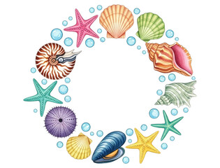 Seashells and starfish frame isolated on transparent background, watercolor painting