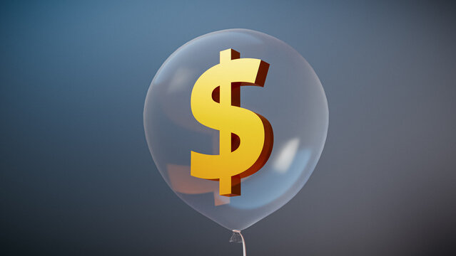 Financial Bubble Concept: Gold Dollar Sign Inside Transparent Balloon. 3d rendering