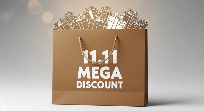 A brown shopping bag filled with gift box outlines displaying mega discount promotion on a light background