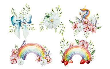 Spring set with flowers and branches. Watercolor foil red and purple balloons, ribbons, unicorn, gerbera, chamomile, echinacea. Hand drawn wildflower art isolated on background, transparent png