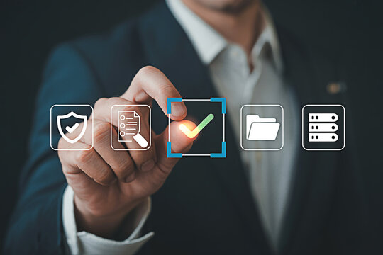 Data compliance and security concept business man touching digital screen for data security check