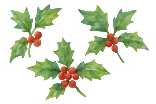 Holly sprigs bringing festive cheer, watercolor christmas plant elements with green leaves and red berries on transparent background