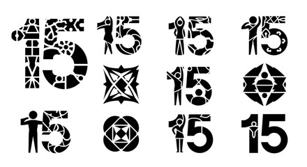 Fifteen years anniversary celebration artwork with diverse designs representing milestone moments