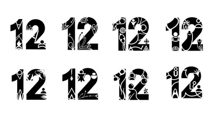 Stylized number twelve variations depicting diverse artistic interpretations and designs