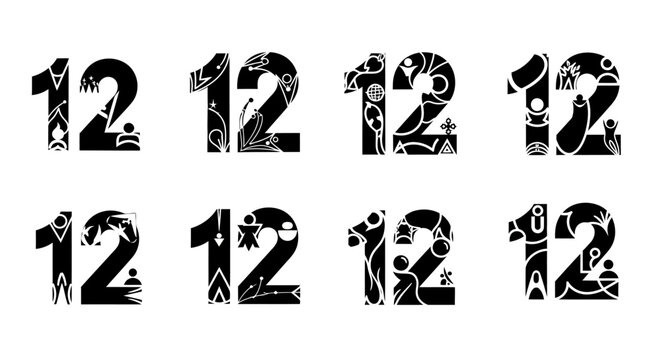Stylized number twelve variations depicting diverse artistic interpretations and designs