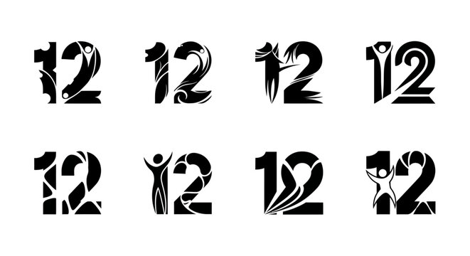 Diverse interpretations of the number twelve in artistic black and white designs