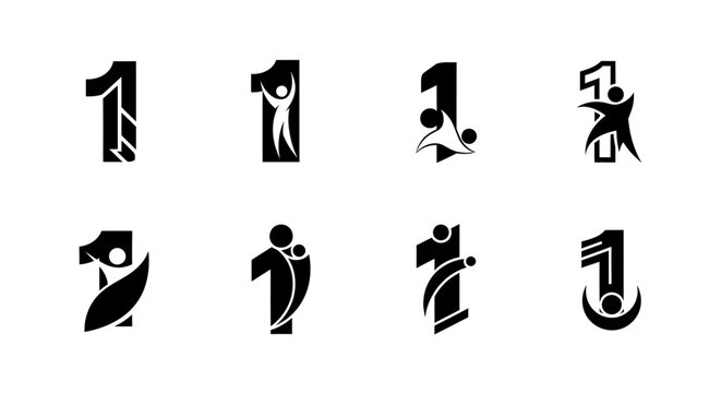 Creative number one symbols variations conveying achievement and unity in diverse graphic
