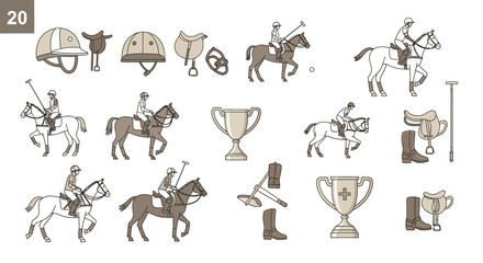 Elegant collection of polo sports elements: Riders horses equipment and trophies vector illustration