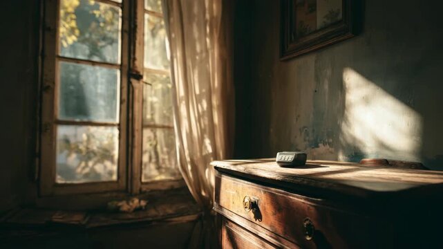 Vintage room with wooden dresser and sunlit window