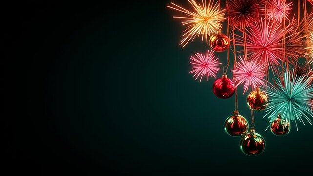 A Christmas fireworks video with decorations, set against a dark background, creating a festive and magical atmosphere.
