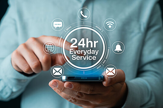 Everyday hour service mobile app contact support communication internet global digital connection technology