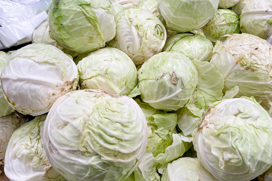 Cabbage in basket at grocery store, fruits and vegetables are sold at market