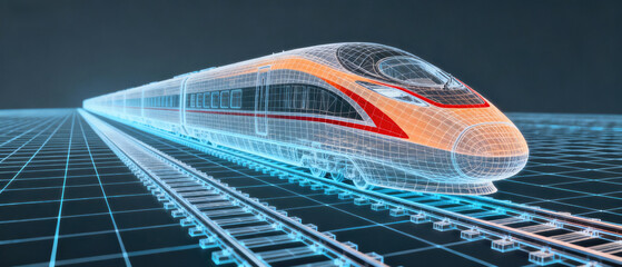 High-tech modern train model on digital grid