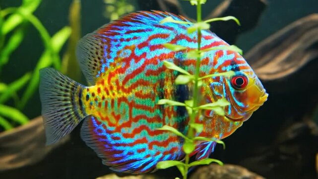 This captivating close-up video showcases an exquisitely colorful fish, possibly a cichlid or tropical fish, gracefully navigating its underwater habitat. Its body is adorned with mesmerizing, intrica
