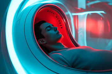 Retro futurism style portrait of person neon VR visor wear clothes inspired how people imagined future 80s 90s generative ai