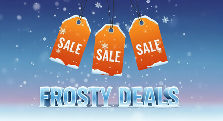 Three orange sale tags with snow caps hanging on blue background, with text "Frosty Deals" in ice letters, representing winter sales and seasonal discounts