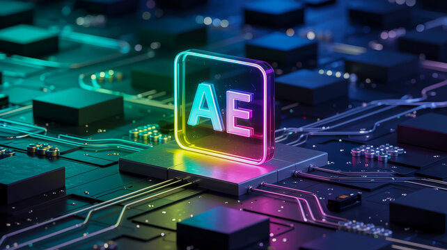 A photorealistic 3D render of the Adobe After Effects logo AE floating above a circuit board