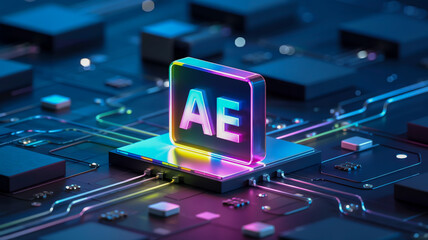 A photorealistic 3D render of the Adobe After Effects logo AE floating above a circuit board