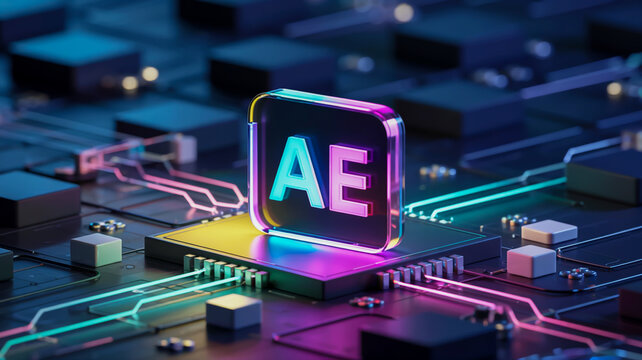 A photorealistic 3D render of the Adobe After Effects logo AE floating above a circuit board
