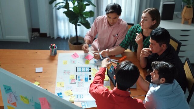 Top down view of business team putting hand together while discussing about Ux Ui design for mobile phone at boardroom. Close up of marketing team making stack of hand and clapping hand. Convocation.