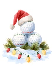 Watercolor Christmas golf balls illustration with Santa hat, pine branches and holiday lights, festive winter sports decoration