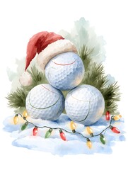 Watercolor Christmas golf illustration with golf balls in Santa hat, holiday lights and pine branches, festive sports winter design