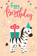 Kids birthday card,African animals,safari theme.A fun card with lettering and balloons.Cartoon vector illustration in a flat style