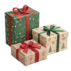 Group of Three Festive Christmas Presents Wrapped in Holiday Paper and Bows
