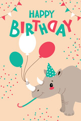 Kids birthday card,African animals,safari theme.A fun card with lettering and balloons.Cartoon vector illustration in a flat style