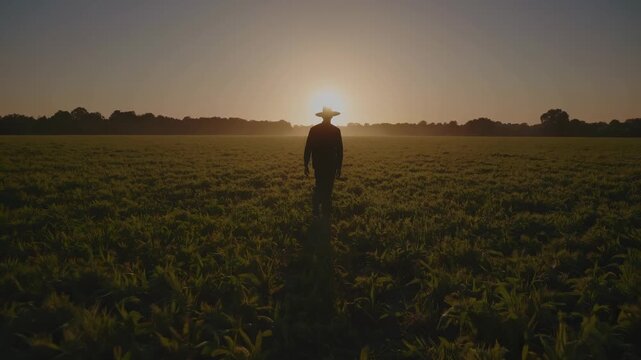 Farmer walking in field at sunrise. Silhouette with hat moves toward sun over agriculture landscape. Soft light creates long shadow and warm tones at sunset. Calm nature setting evokes rural work.