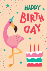 Kids birthday card,African animals,safari theme.A fun card with lettering and balloons.Cartoon vector illustration in a flat style