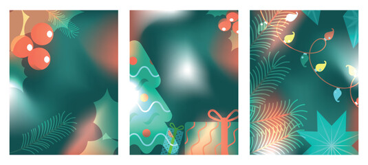 Set of Christmas and New Year greeting cards. Winter Holiday Posters or banners design in modern style with branches, gift boxes, christmas tree toys and stars