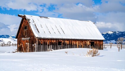Rustic wooden barn in snowy landscape