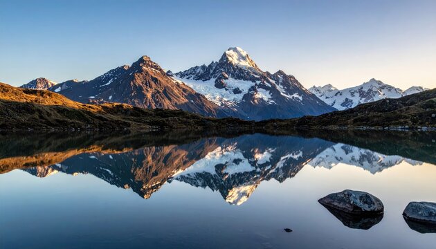 Majestic snow-capped mountains reflected in a tranquil lake at sunrise with warm golden light illuminating the rugged peaks and rocky foreground