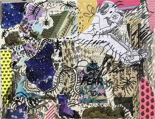 abstract art collage from newspapers and magazines with drawings and text in vector. Element for print, backgrounds, illustrations, wrapping paper, postcards, design, book, poster