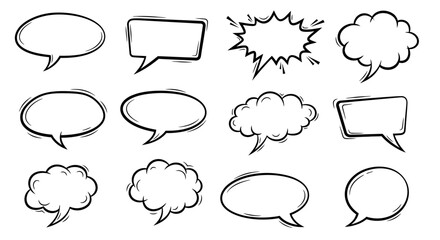 Fototapeta premium Hand-drawn speech bubbles collection featuring various shapes and design elements for communication