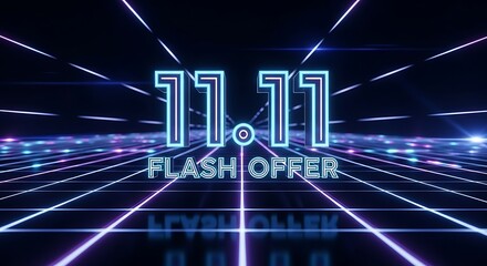 Neon eleven eleven flash offer sign on a grid with blue and purple lights in a dark background