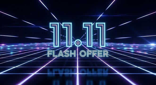 Neon eleven eleven flash offer sign on a grid with blue and purple lights in a dark background - Powered by Adobe