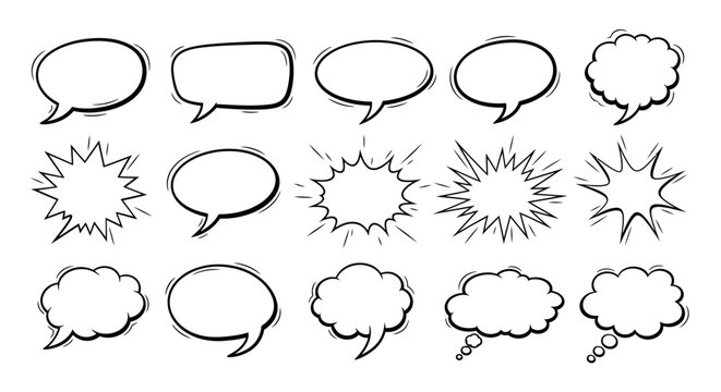 Hand-drawn speech bubbles and comic explosion shapes illustration isolated for text boxes