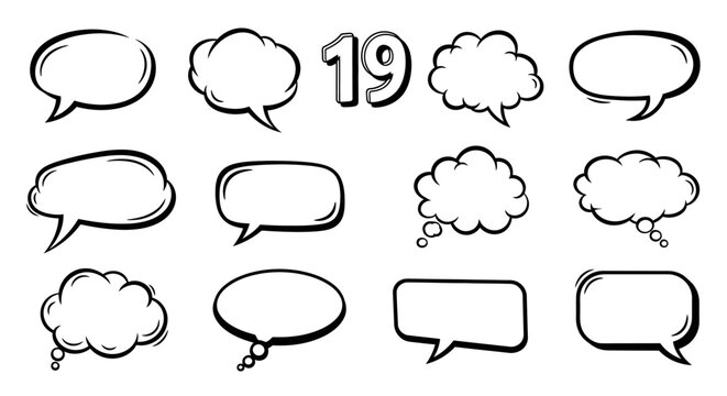 Collection of varied cartoon speech bubbles and the number nineteen in black outlines against a