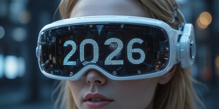 Woman Wearing Futuristic Virtual Reality Goggles with Digital 2026 Display