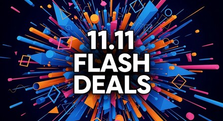 A vibrant flash deals promotion with geometric shapes and bold text on a dark background design style