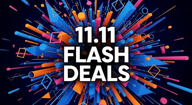 A vibrant flash deals promotion with geometric shapes and bold text on a dark background design style